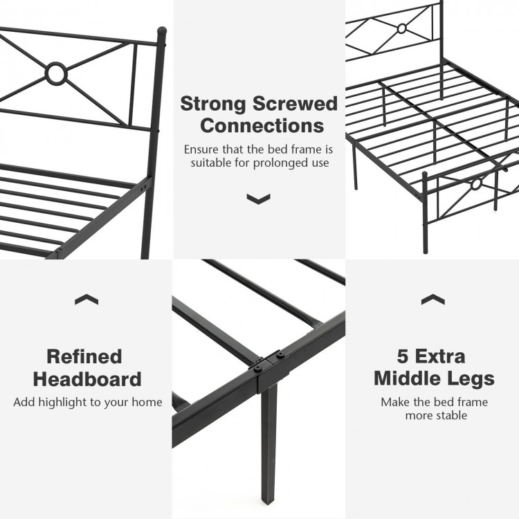 Full/Queen size metal platform bed frame with refined headboard, sturdy slats, and 5 extra middle legs for stability.