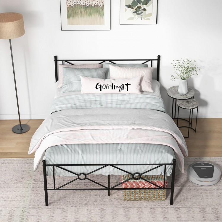 Full/Queen size metal platform bed frame with headboard, featuring sturdy slats and under-bed storage for a modern.