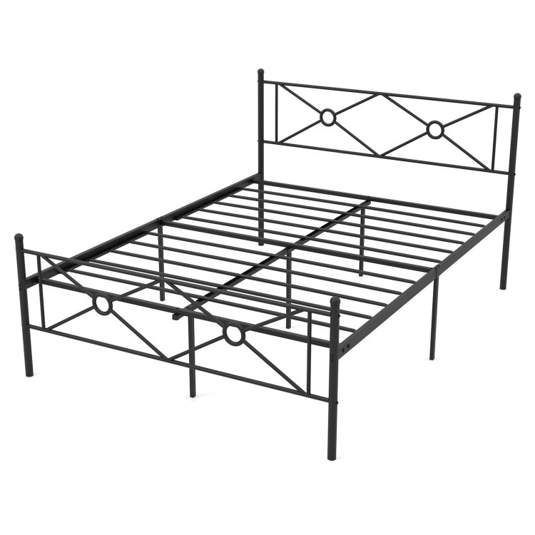 Full/Queen size metal platform bed frame with headboard and footboard, featuring sturdy slats and under-bed storage.