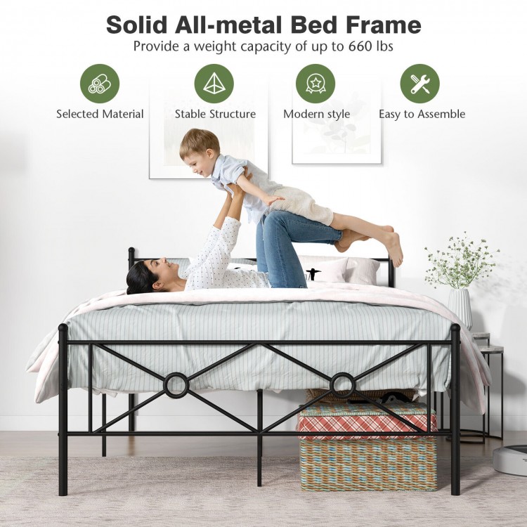 Full/Queen size metal platform bed frame with headboard, sturdy slats, and 15" under-bed storage for modern bedrooms.