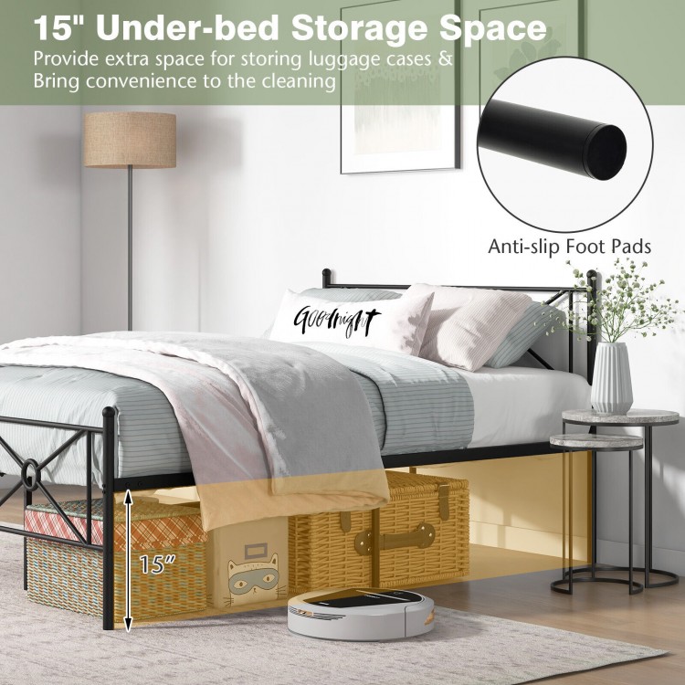 Full/Queen size metal platform bed frame with headboard, showcasing 15" under-bed storage space for organization.