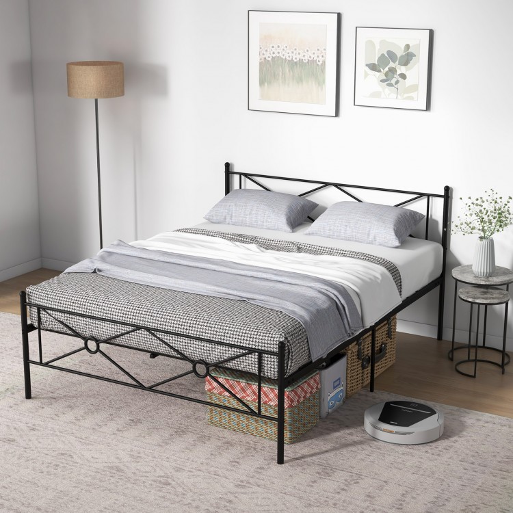 Queen size metal platform bed frame with headboard, footboard, and under-bed storage for a modern bedroom setup.