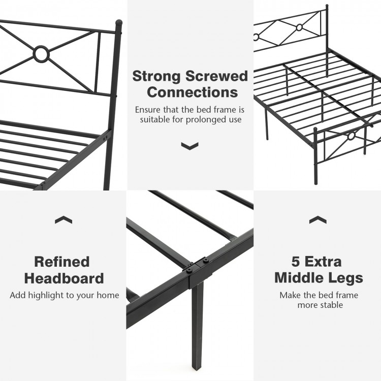 Full/Queen size metal platform bed frame with refined headboard, sturdy slats, and 5 extra middle legs for stability.