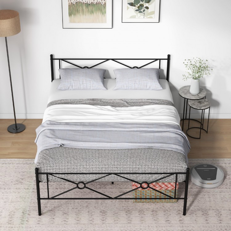 Queen size metal platform bed frame with headboard and footboard, featuring sturdy slats and under-bed storage space.