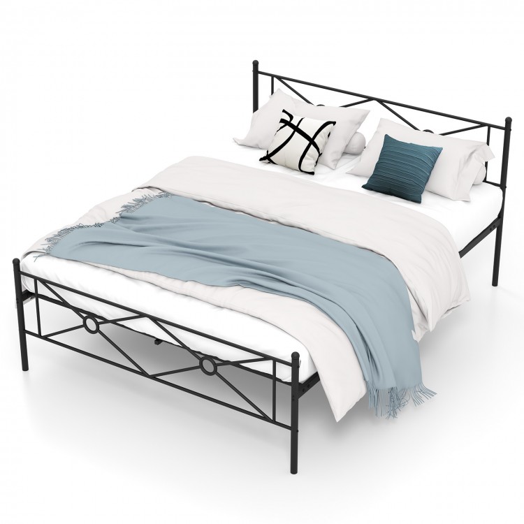 Queen size metal platform bed frame with headboard and footboard, featuring sturdy slats and under-bed storage.