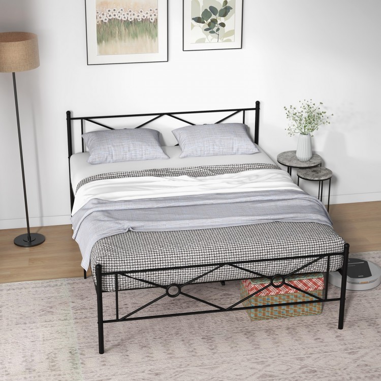 Full/Queen size metal platform bed frame with headboard and footboard, featuring sturdy slats and under-bed storage.