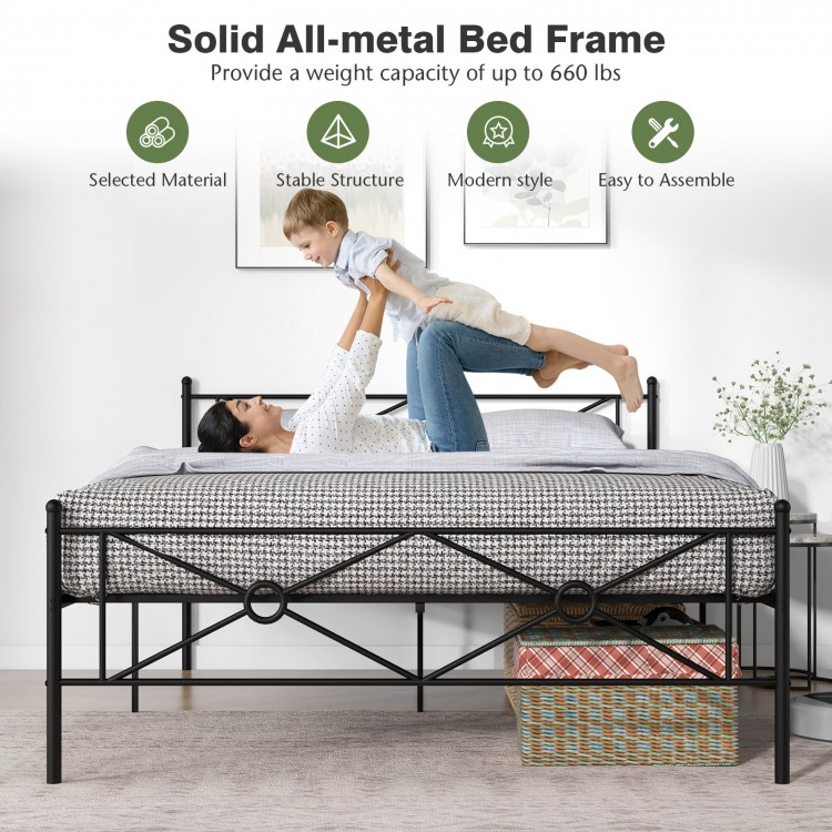 Full/Queen size metal platform bed frame with headboard, sturdy slats, and 15" under-bed storage for modern bedrooms.