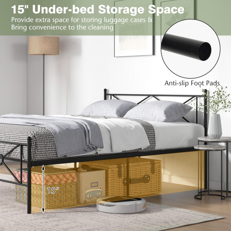Full/Queen size metal platform bed frame with headboard, featuring 15" under-bed storage space and anti-slip foot pads.