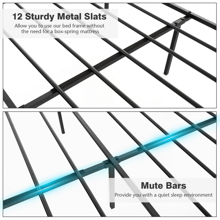 Close-up of the sturdy metal slats on the Queen size platform bed frame, designed for stability and noise reduction.
