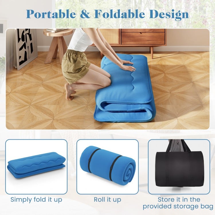 Blue foldable futon mattress with washable cover, rolled up for easy storage, ideal for camping and home use.
