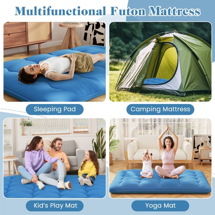 Blue foldable futon mattress shown as a sleeping pad, ideal for camping, play, or yoga with a washable cover.