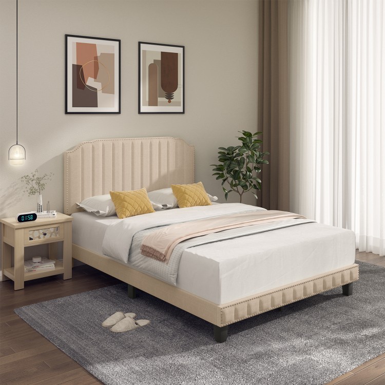 Full-size beige upholstered bed frame with rivet headboard, featuring solid wood structure and modern design for.