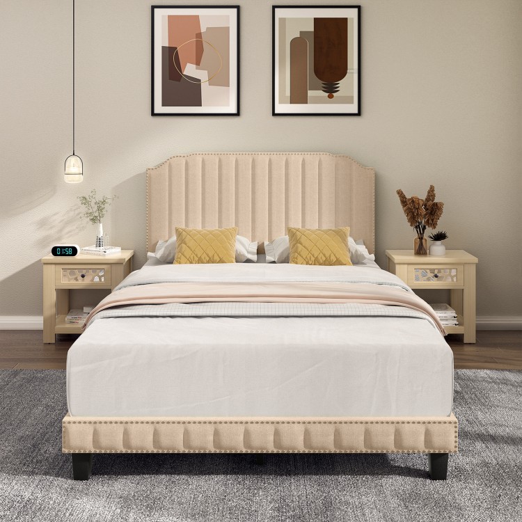 Beige heavy-duty upholstered bed frame with rivet headboard, featuring a modern design for a stylish bedroom upgrade.