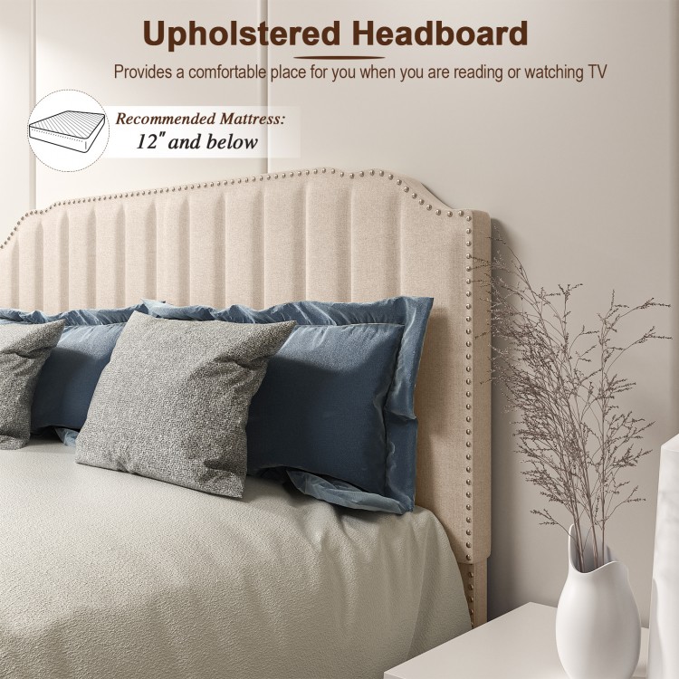 Beige upholstered headboard with rivets, designed for full-size bed frame, enhances comfort for reading and watching TV.