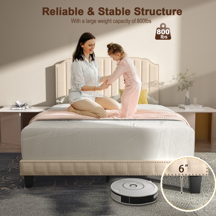 Heavy duty full size upholstered bed frame with rivet headboard, beige color, supports up to 800 lbs for stable.