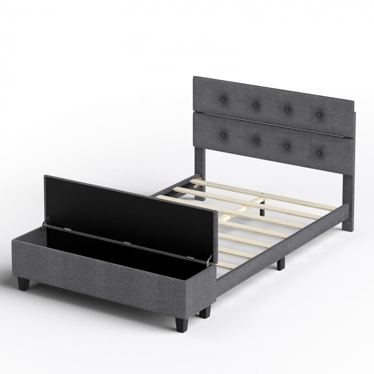 Upholstered bed frame with ottoman storage in modern design, featuring a tufted headboard and solid wood slats for.
