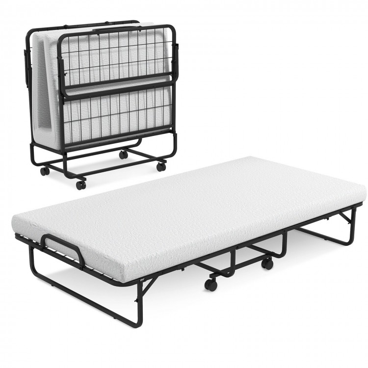 Twin size metal folding bed with memory foam mattress, featuring a durable frame and easy storage design, perfect for.