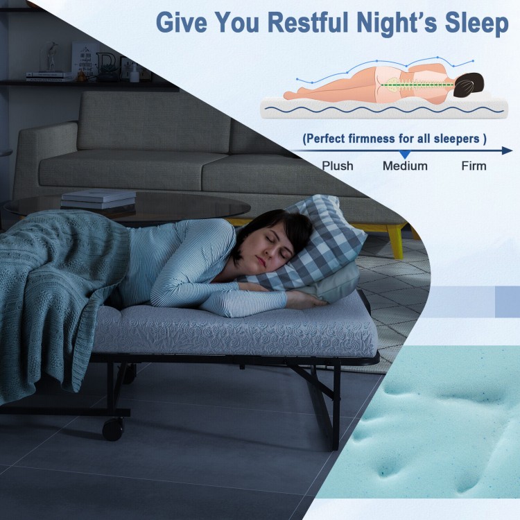 Twin size metal folding bed with memory foam mattress, featuring a durable frame and cozy sleeping surface for.