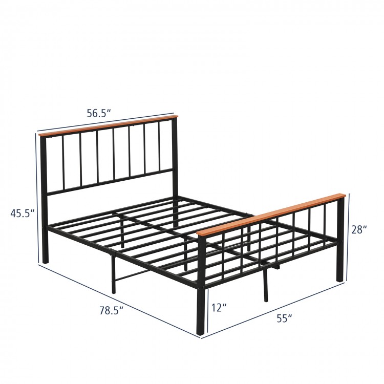 Full/Queen bed frame with headboard and footboard, featuring a sturdy metal design and 12" under-bed clearance for.