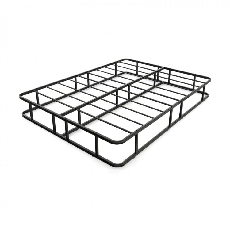Queen size metal bed frame with slat support, featuring a rustproof finish and non-slip foot pads for floor protection.