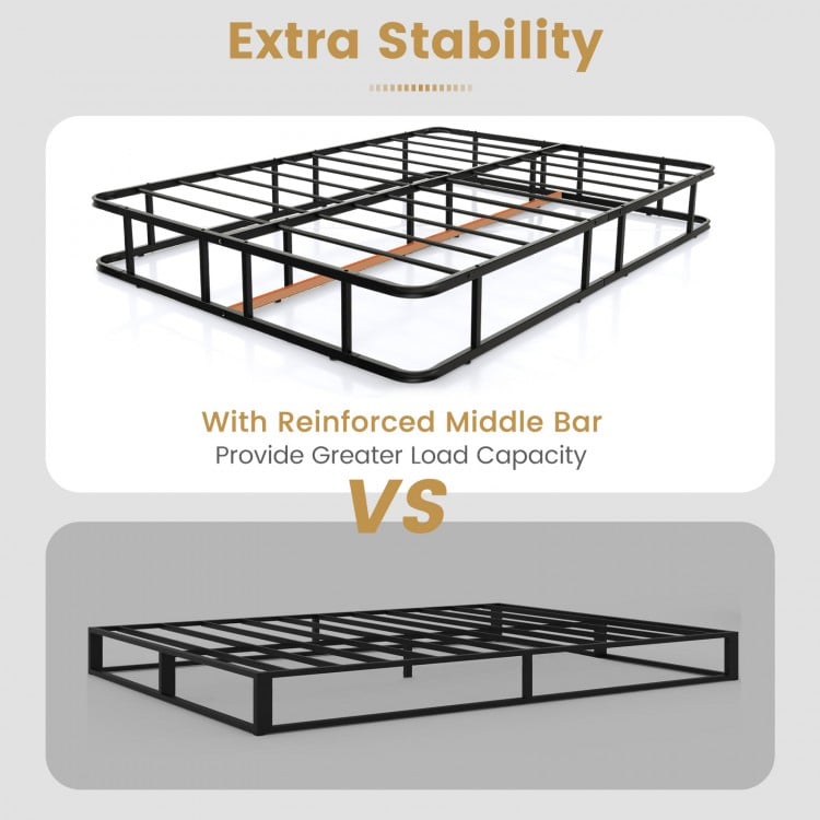 Queen size bed frame with metal slat support, featuring reinforced middle bar for extra stability and load capacity.