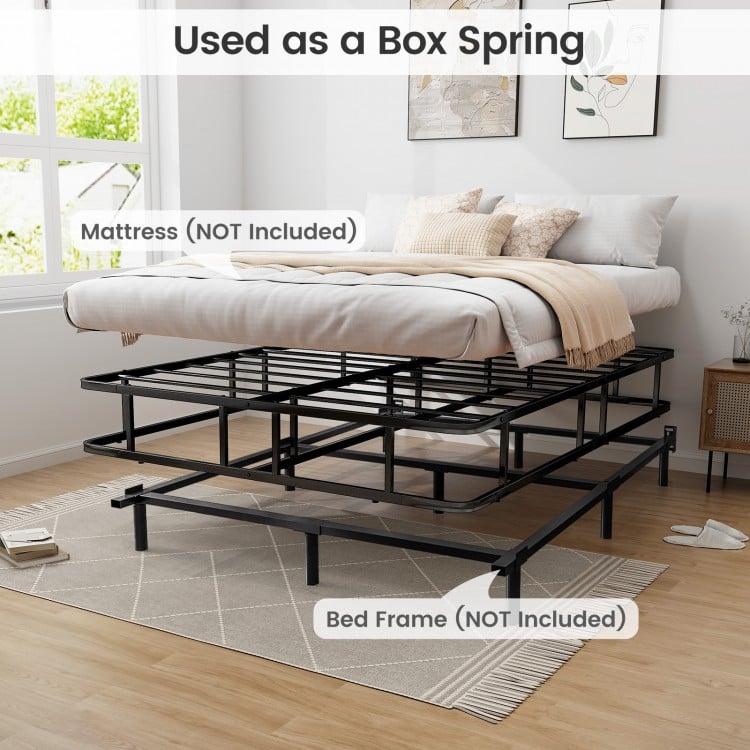 Queen size bed frame displayed as a box spring, featuring a sturdy metal slat support for enhanced ventilation and.