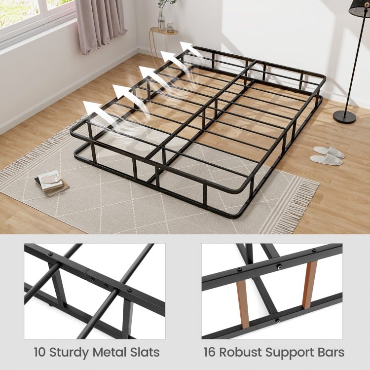 Queen size bed frame showcasing 10 metal slats and 16 support bars for sturdy, ventilated support in a modern design.