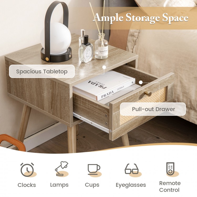 Modern rattan nightstand featuring a spacious tabletop and pull-out drawer, perfect for bedroom or living room storage.