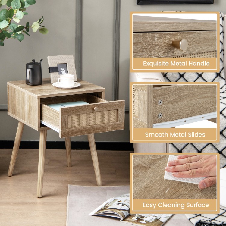 Modern rattan nightstand with drawer, natural wood legs, and easy-clean surface, perfect for bedroom or living room.