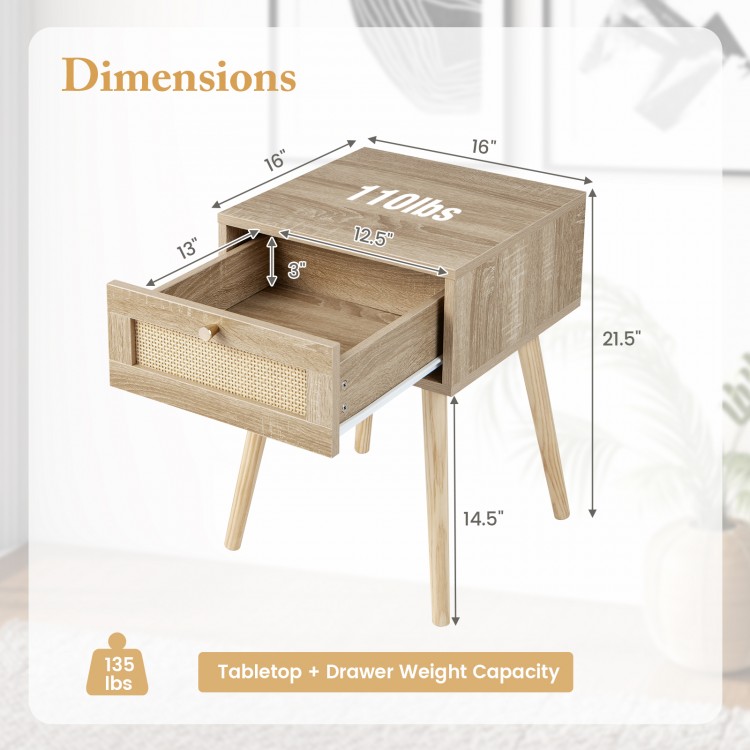 Modern rattan nightstand with drawer, solid wood legs, dimensions shown, ideal for bedroom or living room storage.