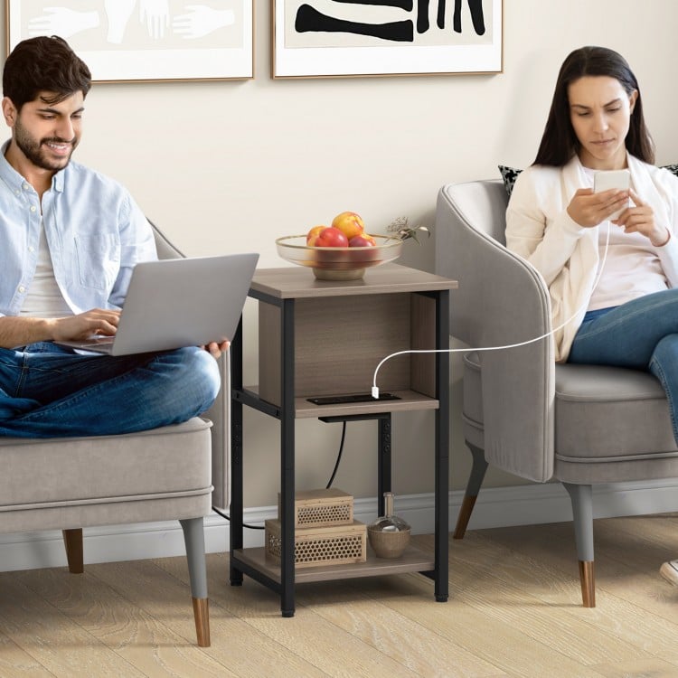 3-tier end table with USB ports and power outlets, featuring a hidden power strip and ample storage for versatile use.