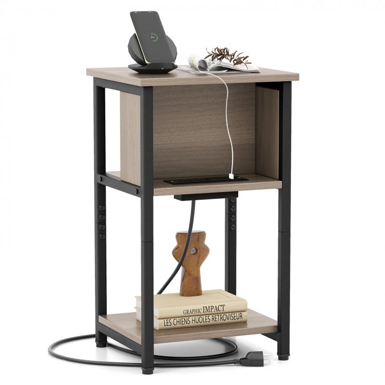 3-tier end table with USB ports and power outlets, featuring a metal frame and ample storage for living room or bedroom.