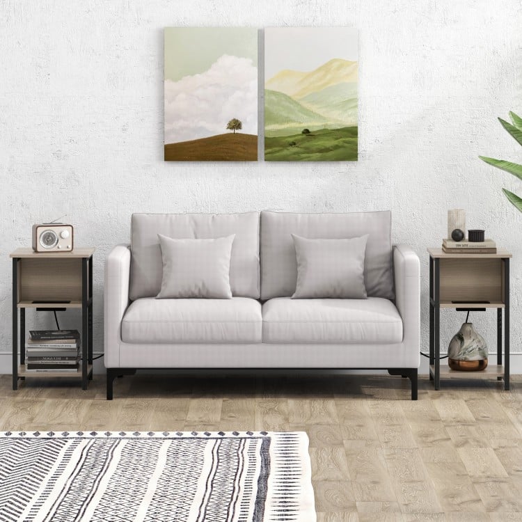 3-tier end table with USB ports and power outlets, featuring a heavy-duty metal frame for versatile use in living room.