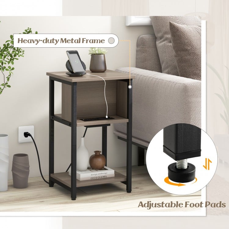 3-tier end table with heavy-duty metal frame, USB ports, and power outlets, perfect for living room or bedroom use.