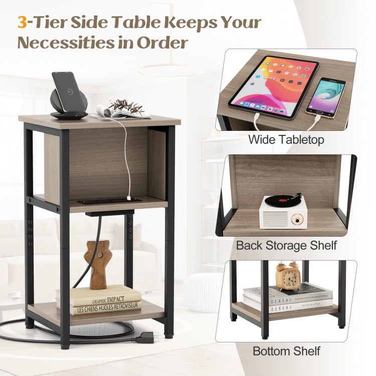 3-tier end table with USB ports and power outlets, featuring a wide tabletop and back storage shelf for versatile use.