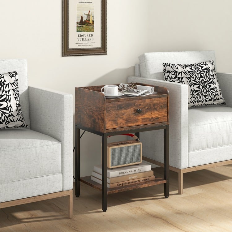 Rustic brown industrial bedside table nightstand with charging station and storage, ideal for bedroom or living room.