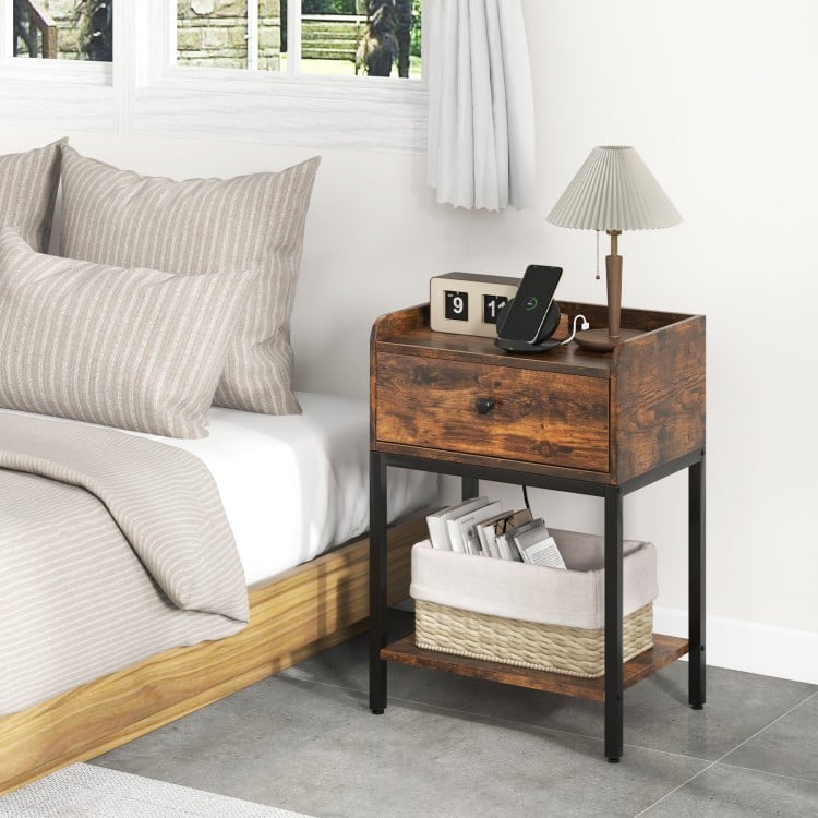 Rustic brown industrial bedside table nightstand with charging station and storage, perfect for bedroom convenience.