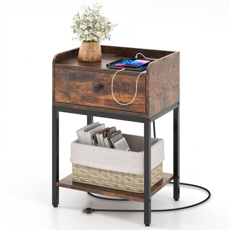Rustic brown industrial bedside table with charging station, drawer, and storage basket for convenient bedside.