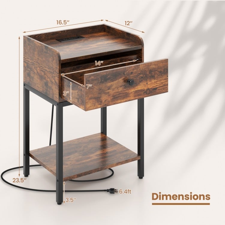 Industrial bedside table nightstand in rustic brown with dimensions, featuring a charging station and storage drawer.