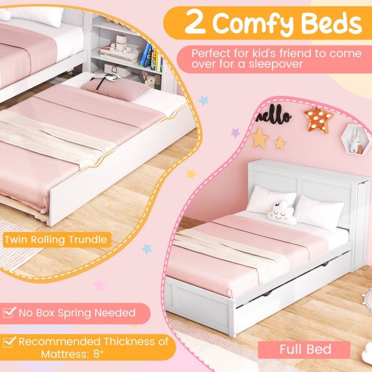 Twin/full kids wooden platform bed with rolling trundle, featuring a high headboard and ample storage for sleepovers.
