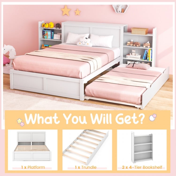 Twin/Full kids wooden platform bed with trundle, featuring a high headboard and double mobile bookshelves for storage.