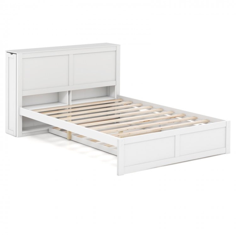 Twin/Full kids wooden platform bed with trundle storage and high headboard, featuring stable slats for support.