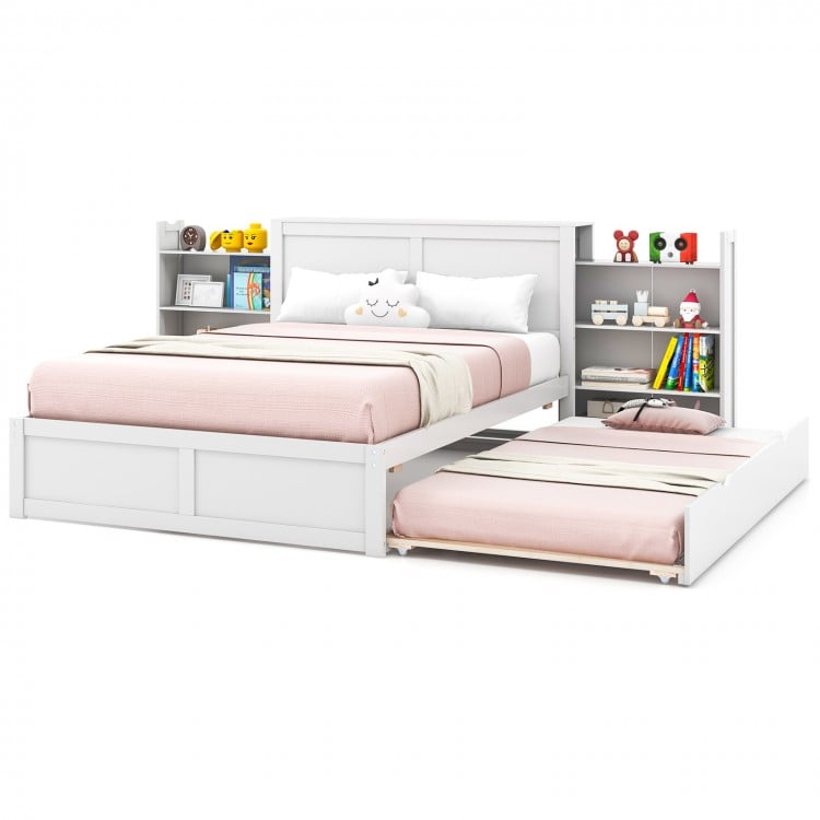 Twin/Full kids wooden platform bed with trundle, featuring a storage headboard and double mobile bookshelves for.