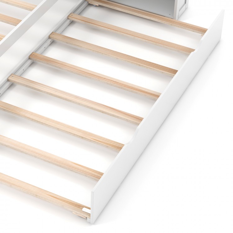 Twin/Full kids wooden platform bed with trundle storage, featuring sturdy slats and a high headboard for added comfort.