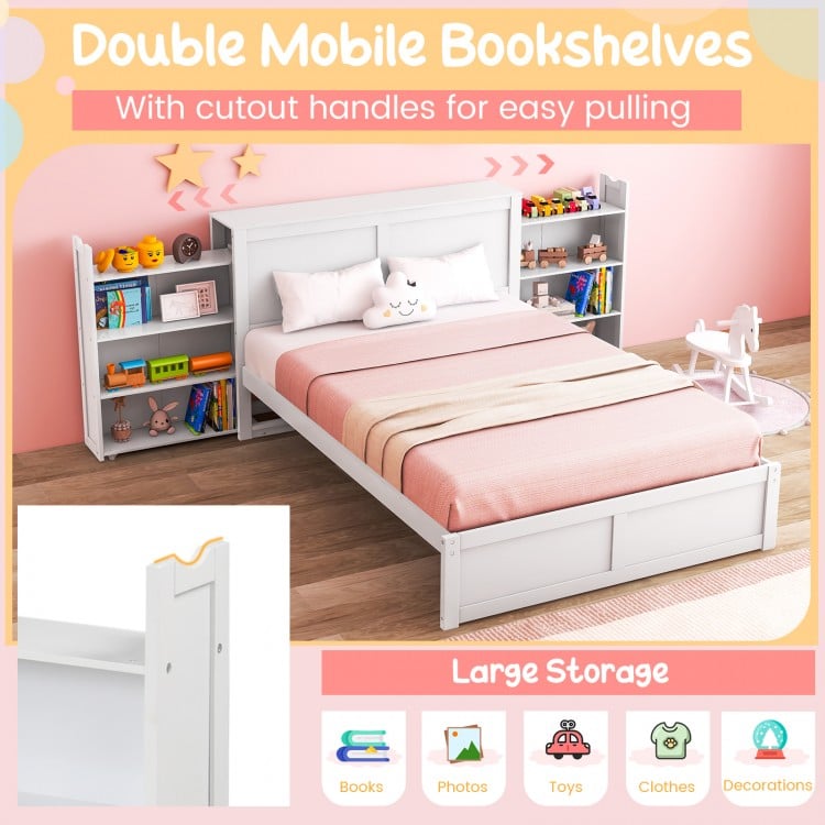Double mobile bookshelves with cutout handles for easy pulling, perfect for storing books and toys in a kids' room.