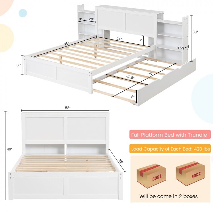 Twin/Full kids wooden platform bed with trundle, storage headboard, and mobile bookshelves for sleepovers and.