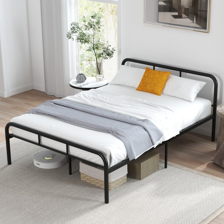 Black full bed frame with headboard and footboard, featuring 12-inch under-bed space and sturdy metal slats for support.