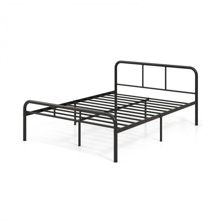 Black full bed frame with headboard and footboard, featuring sturdy metal slats and 12-inch under-bed storage space.