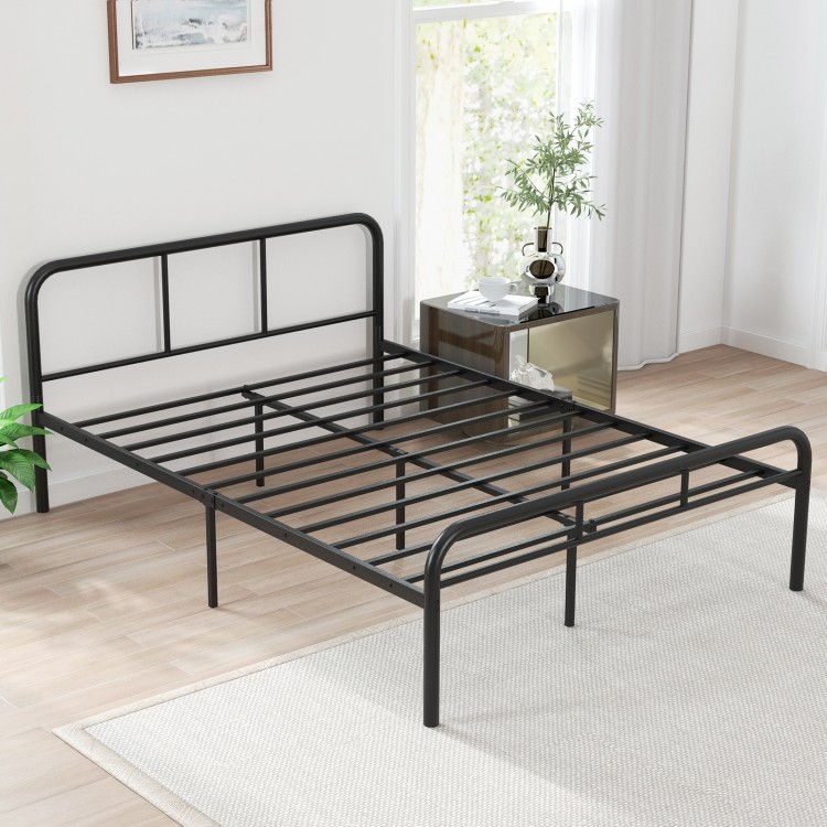 Side view of black full bed frame with headboard and footboard, showcasing extra middle legs for enhanced support and.