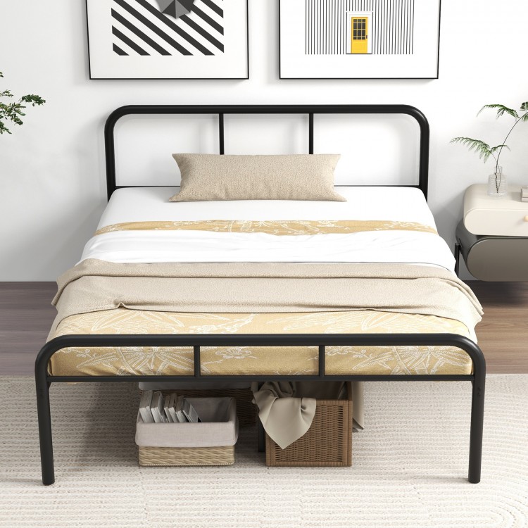 Close-up of the black full bed frame's headboard and footboard, showcasing protective round corners and sturdy slats.